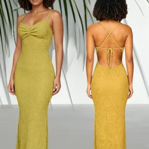 Vestido largo Golden color amarillo con espalda descubierta para mujer.