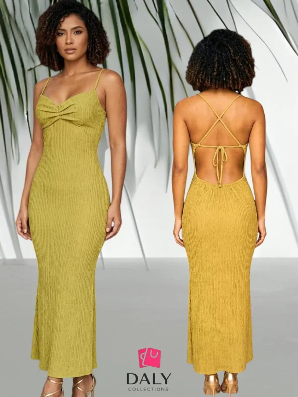 Vestido largo Golden color amarillo con espalda descubierta para mujer.