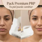 Antes y después de tratamiento PRP facial mostrando mejora en textura, manchas y luminosidad de la piel
