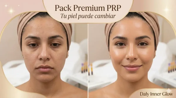 Antes y después de tratamiento PRP facial mostrando mejora en textura, manchas y luminosidad de la piel