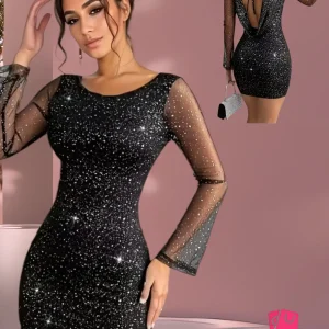 Vestido negro brillante con mangas de tul y espalda descubierta para mujer ideal para fiestas.