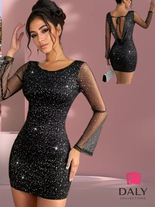 Vestido negro brillante con mangas de tul y espalda descubierta para mujer ideal para fiestas.