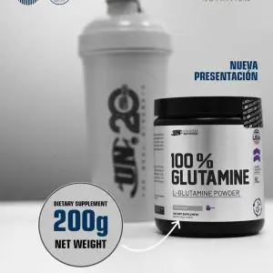 Glutamine 100% micronizada para recuperación muscular, prevención del catabolismo y fortalecimiento del sistema inmune. Disponible en presentaciones de 200 g y 500 g.
