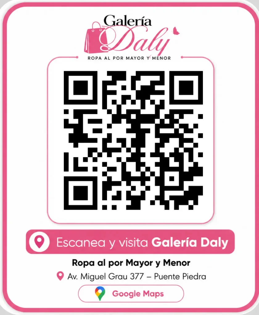Código QR para llegar a Galería Daly en Av. Miguel Grau 377, Puente Piedra, junto a una vista referencial de la Plaza de Armas de Puente Piedra.